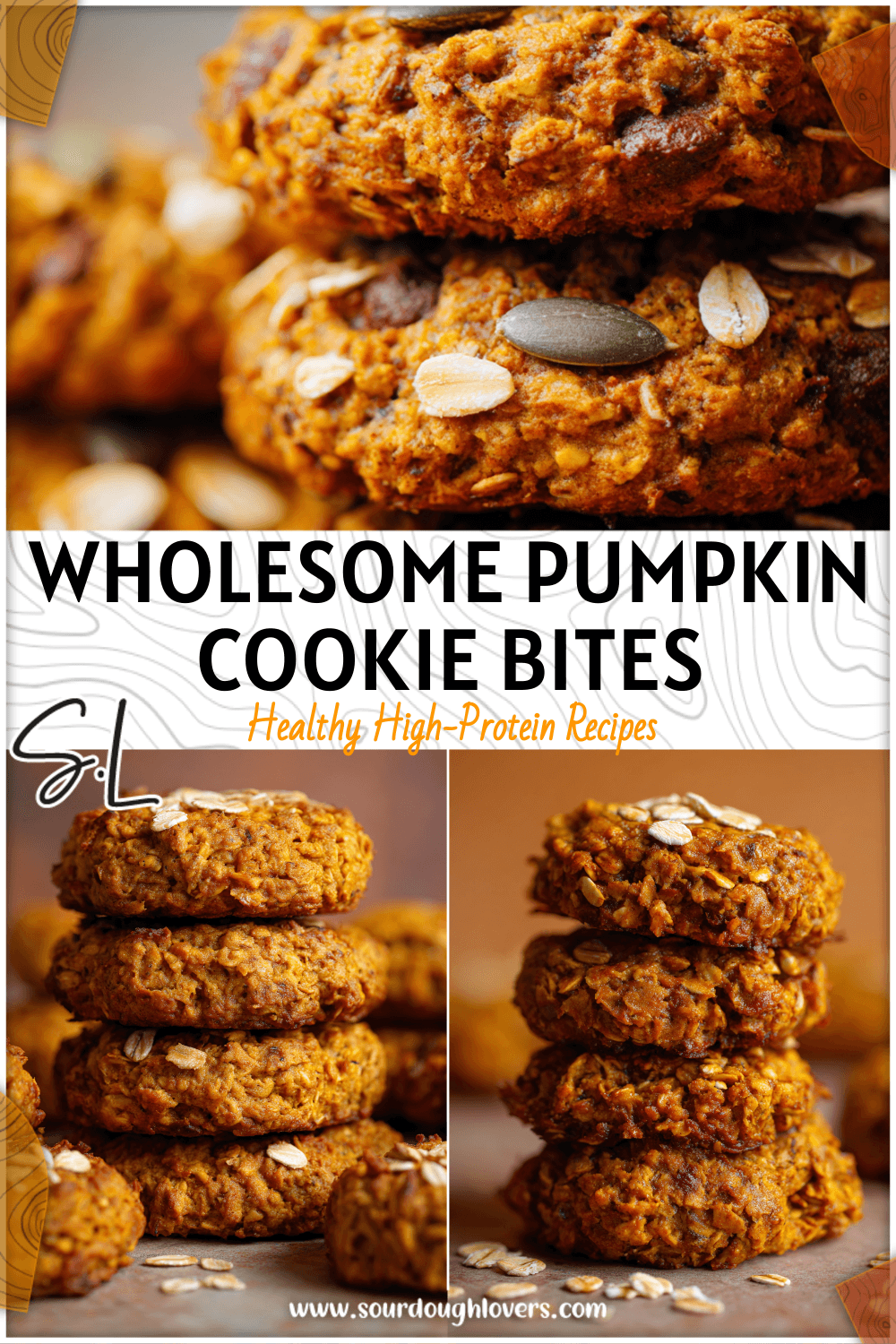 Close-up of healthy pumpkin oat cookies stacked with oats sprinkled on top 2